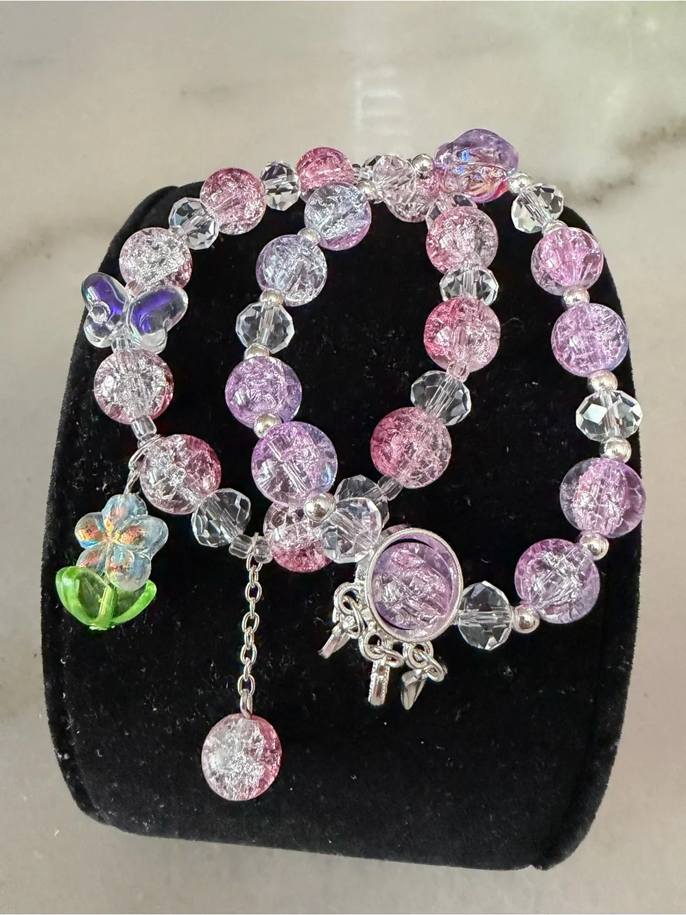 Pink & Purple Crackle Glass Charm Bracelet Set